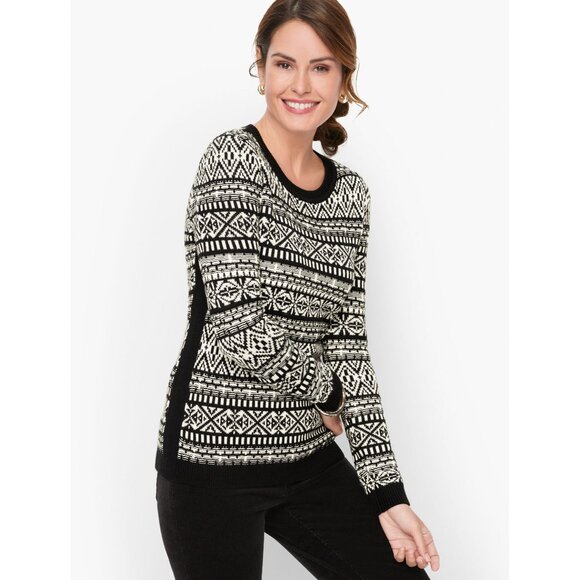 Talbots Black & White Fair Isle Crewneck Cotton/Wool Blend Sweater Size XL - Picture 1 of 9